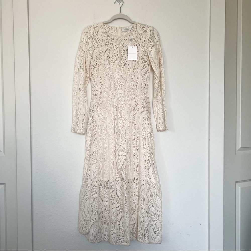 ZIMMERMANN Devi Panelled Lace Midi Dress in Cream - Picture 7 of 9